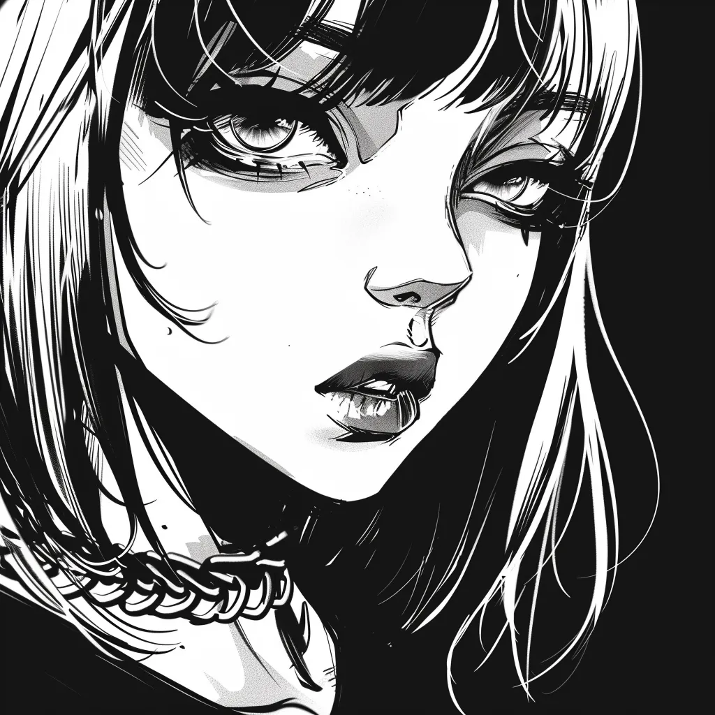 Un dessin en noir et blanc d'un personnage féminin d'anime aux yeux distinctifs et à la frange, style Manga