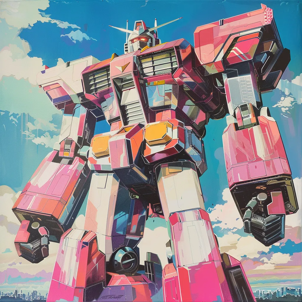 Ein buntes Anime Bild eines riesigen Roboters vor einem himmelblauen Hintergrund mit Wolken. Manga Stil.