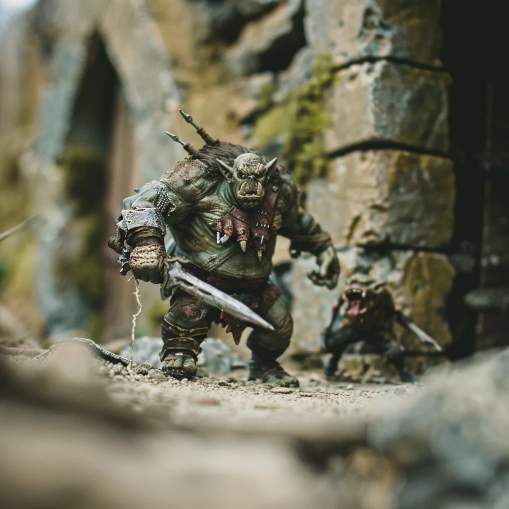 Fantasy figure of an Orc warrior in a combative pose. Fantasy.