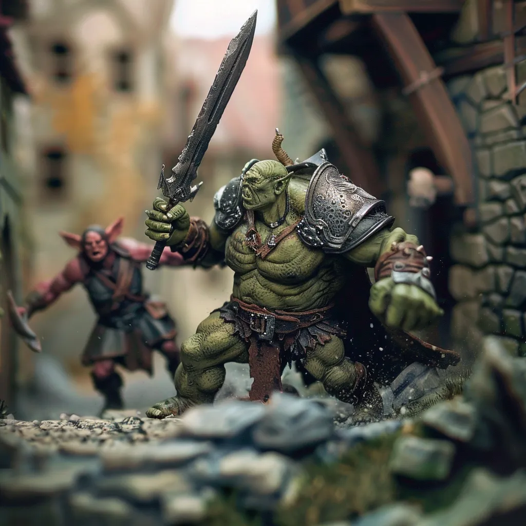  Fantasy figures in a model combat scene. Orcs. Fantasy.