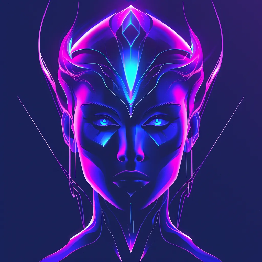 Abstraktes Bild eines weiblichen Gesichts mit leuchtenden neonfarbenen Konturen und futuristischem Design.