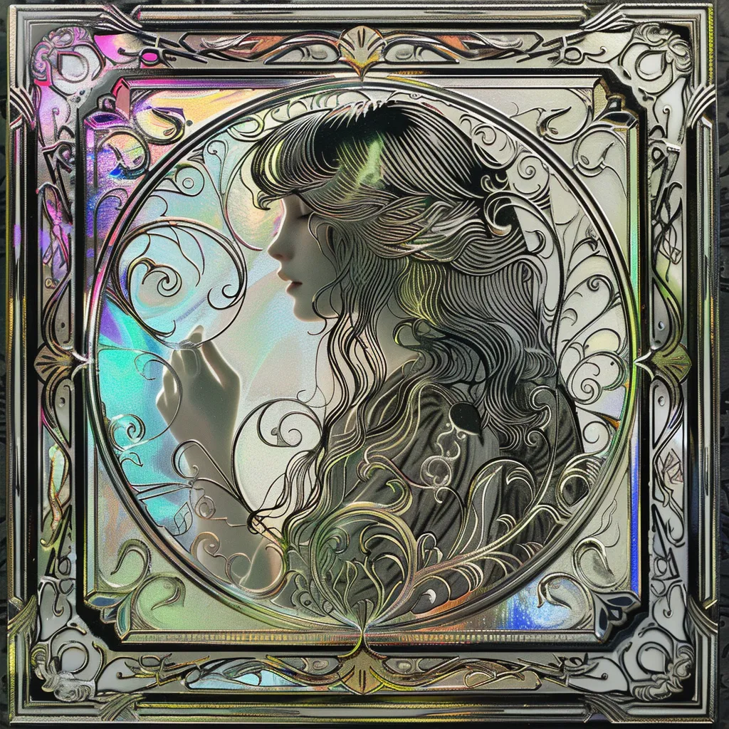 A colorful holographic depiction of a woman in an Art Nouveau frame