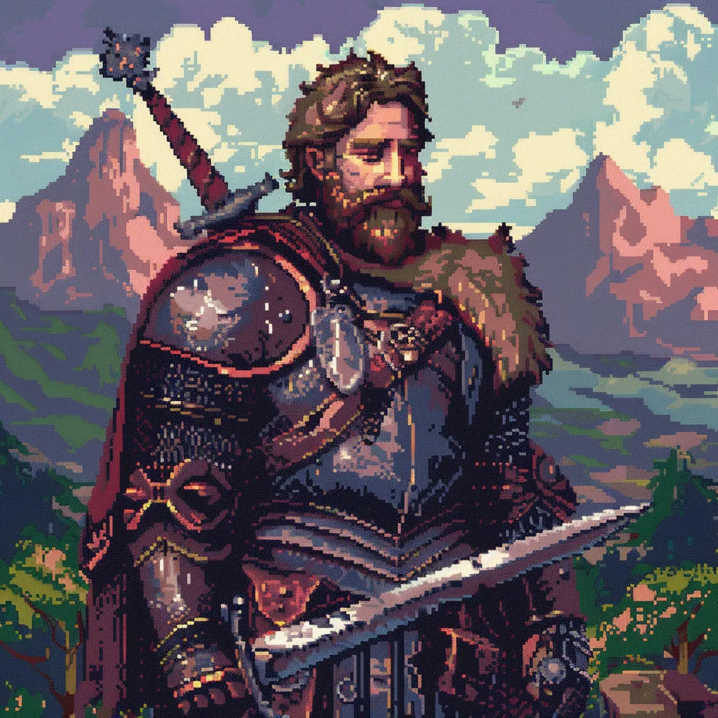  Art pixelisé d'un guerrier avec épée et armure contre un paysage montagneux.