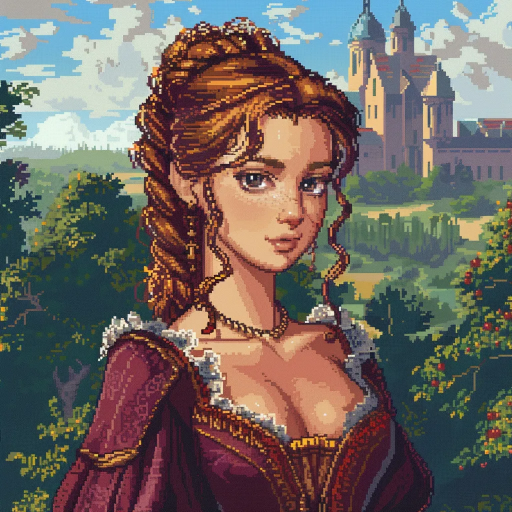 Portrait of a pixel art lady against a castle backdrop