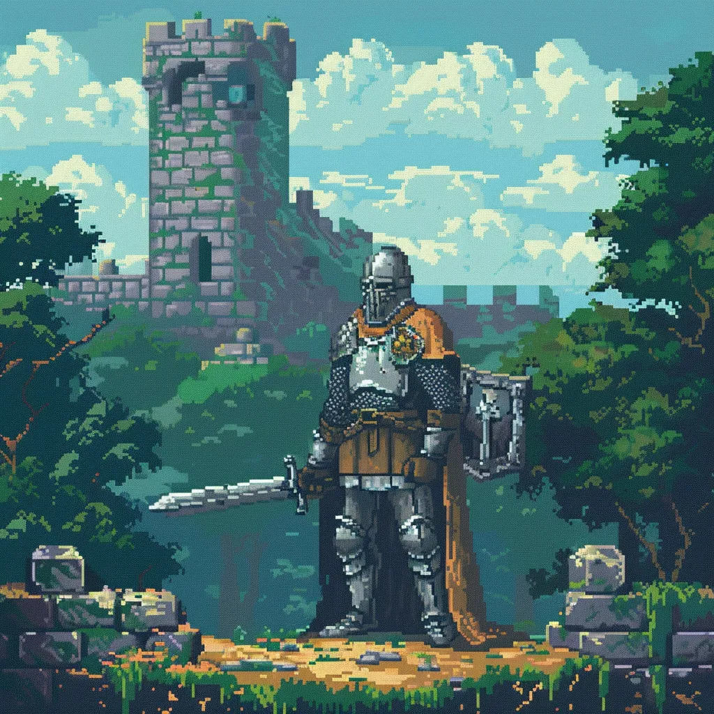 Arte en píxeles de un caballero frente a un castillo