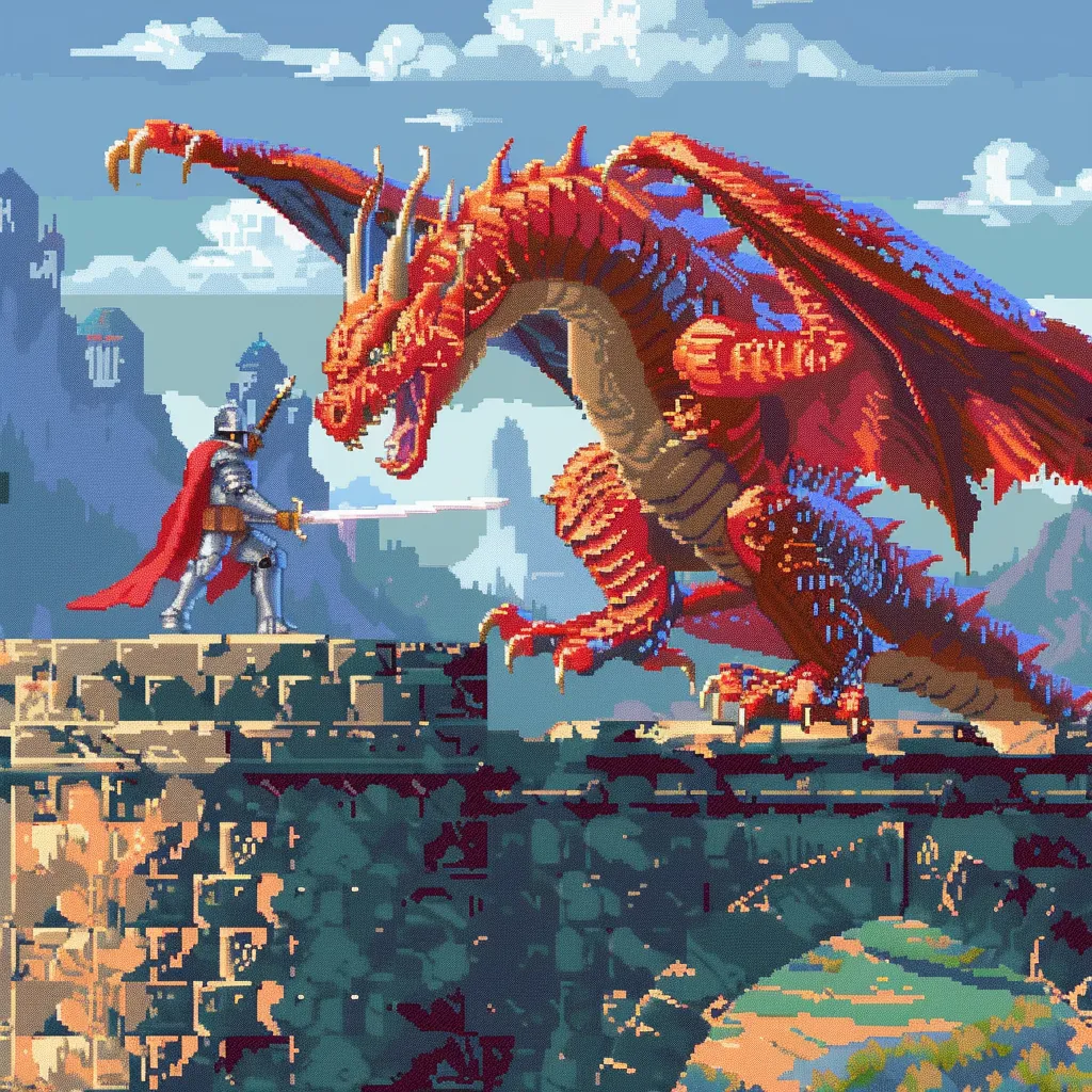 A knight facing a dragon on a castle wall, Fantasy battle