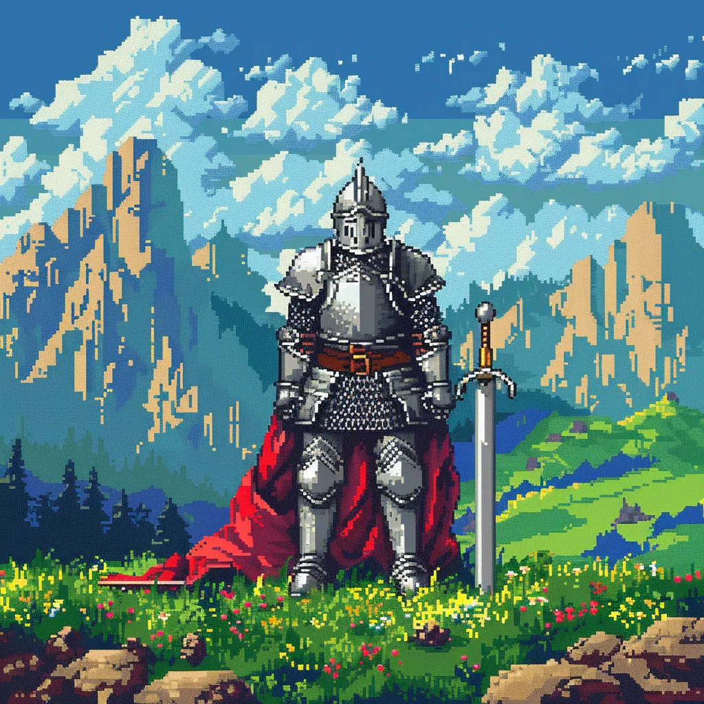A knight in armor kneeling with a drawn sword in a pixelated landscape
