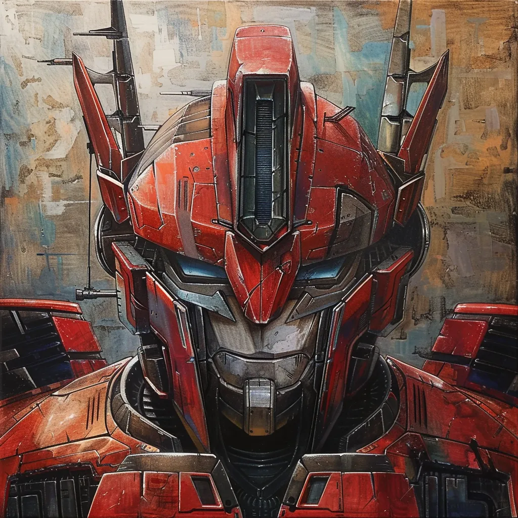  A portrait of a red robot head in the style of a Transformer.