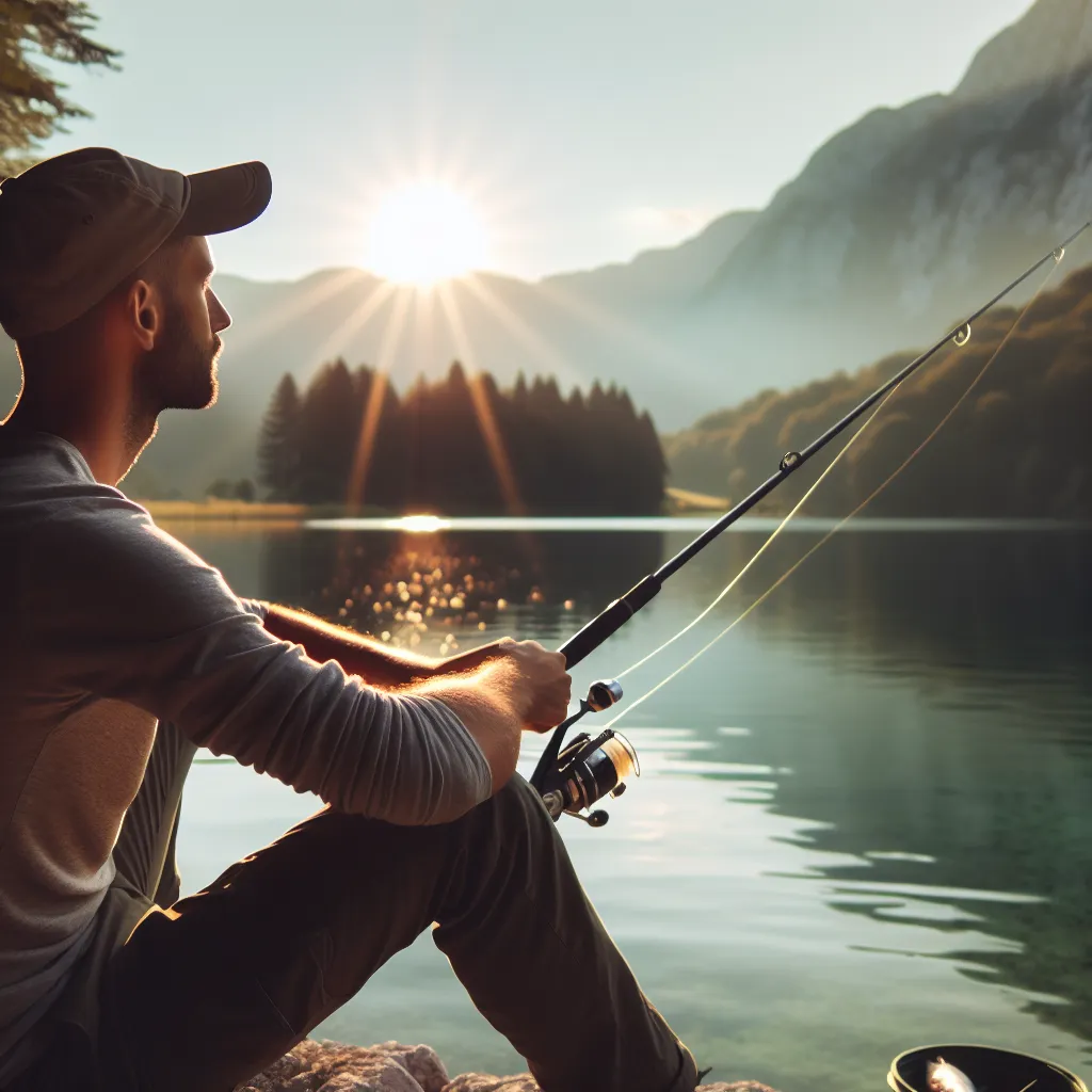 Ein Angler, der am See sitzt und die Ruhe der Natur genießt, perfekt für ein cooles Profilbild