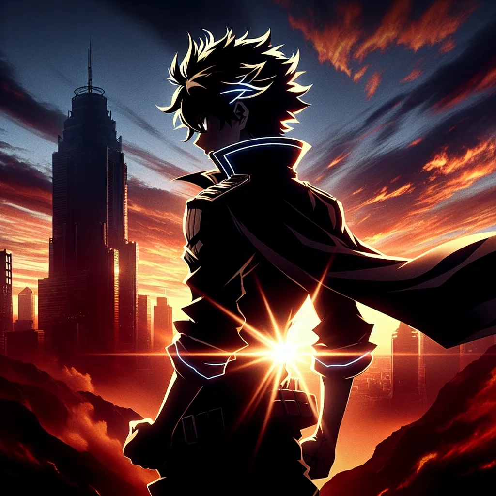An anime hero in an epic pose, with a dramatic background, perfect for a cool profile picture