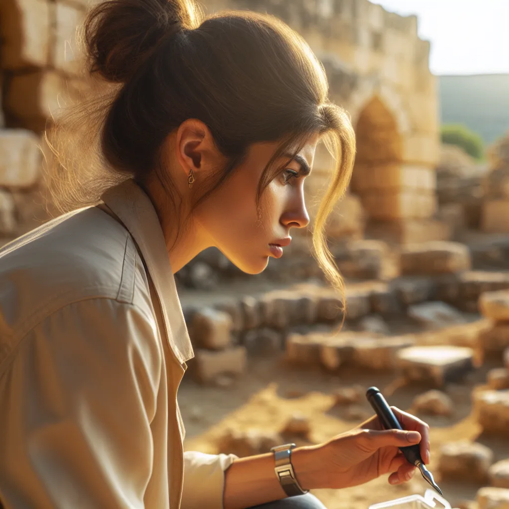 Une archéologue concentrée enquêtant sur un site ancien, idéale pour une photo de profil cool