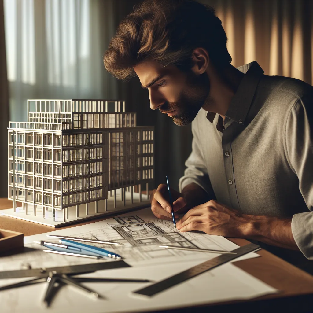 Ein Architekt, der konzentriert an einem innovativen Modellbau arbeitet, perfekt für ein cooles Profilbild