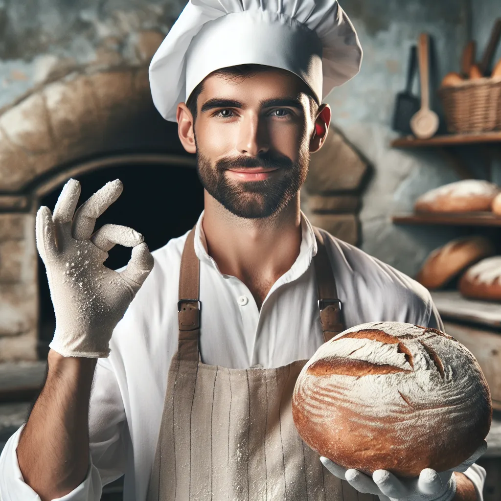 A baker proudly presenting his freshly baked bread, artisanal and authentic, perfect for a cool profile picture