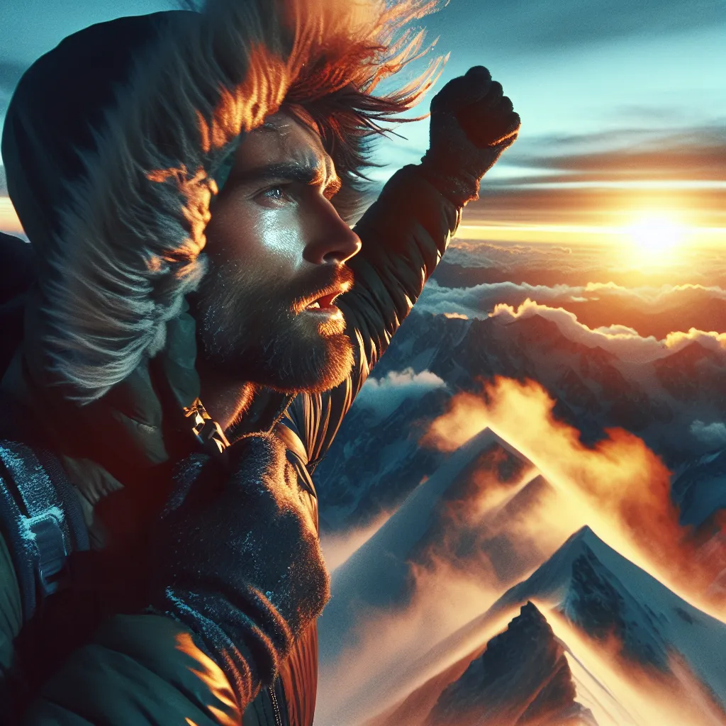 Un montañista alcanzando la cima al atardecer, simbolizando la aventura, ideal para una foto de perfil genial