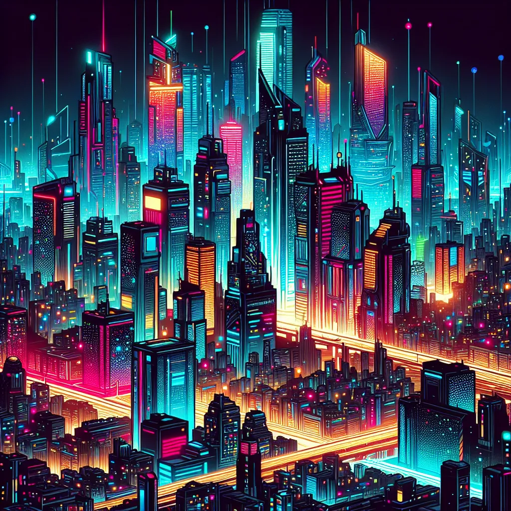 Una vista de la ciudad Cyberpunk de noche con luces de neón y edificios futuristas, perfecta para una foto de perfil genial