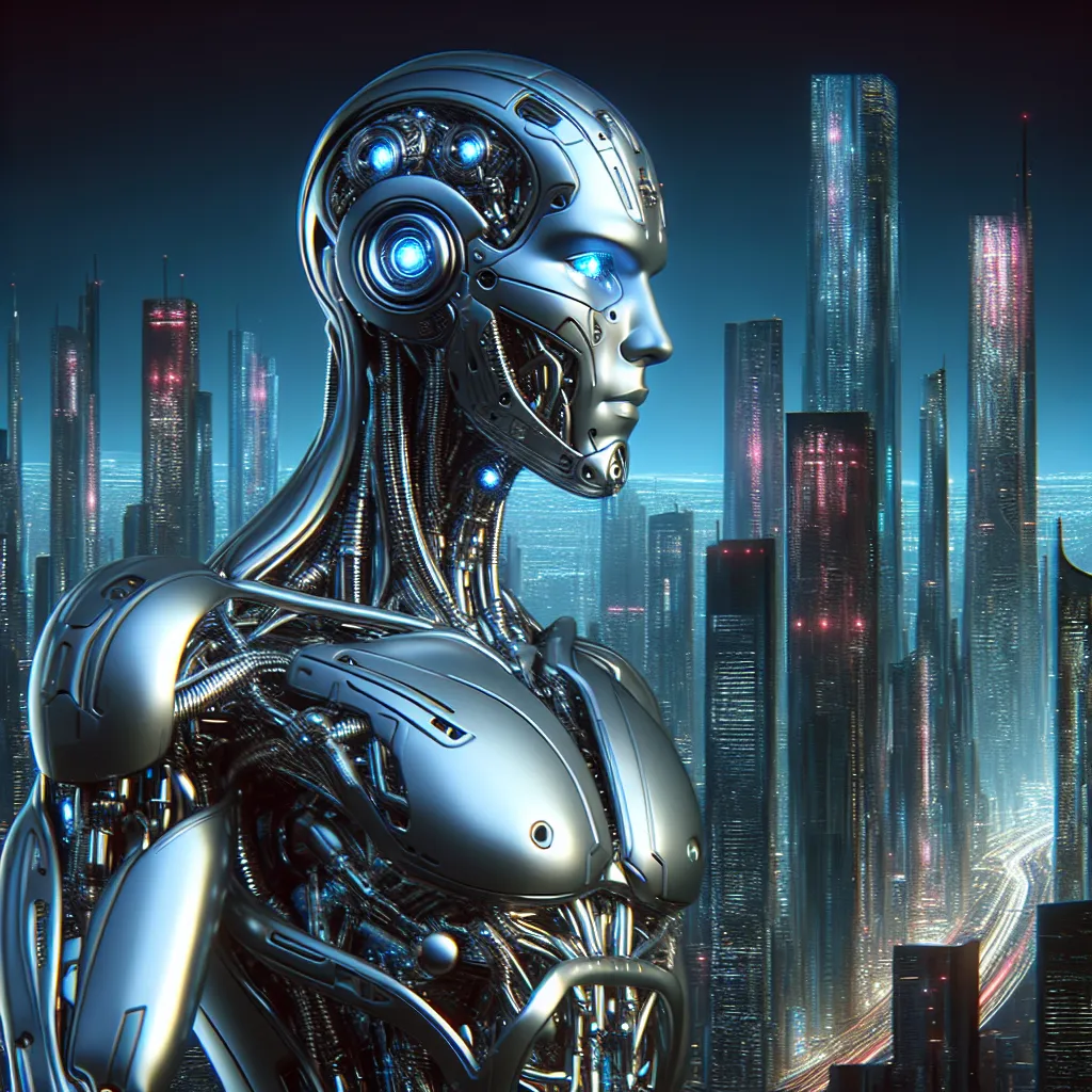 Ein hochmoderner Cyborg vor einer futuristischen Stadtlandschaft, perfekt für ein cooles Profilbild