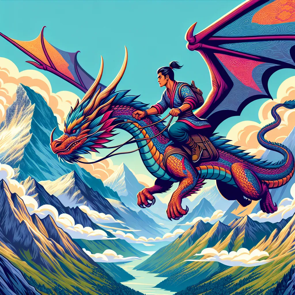 A bold dragon rider flying over majestic mountains, perfect for a cool profile picture