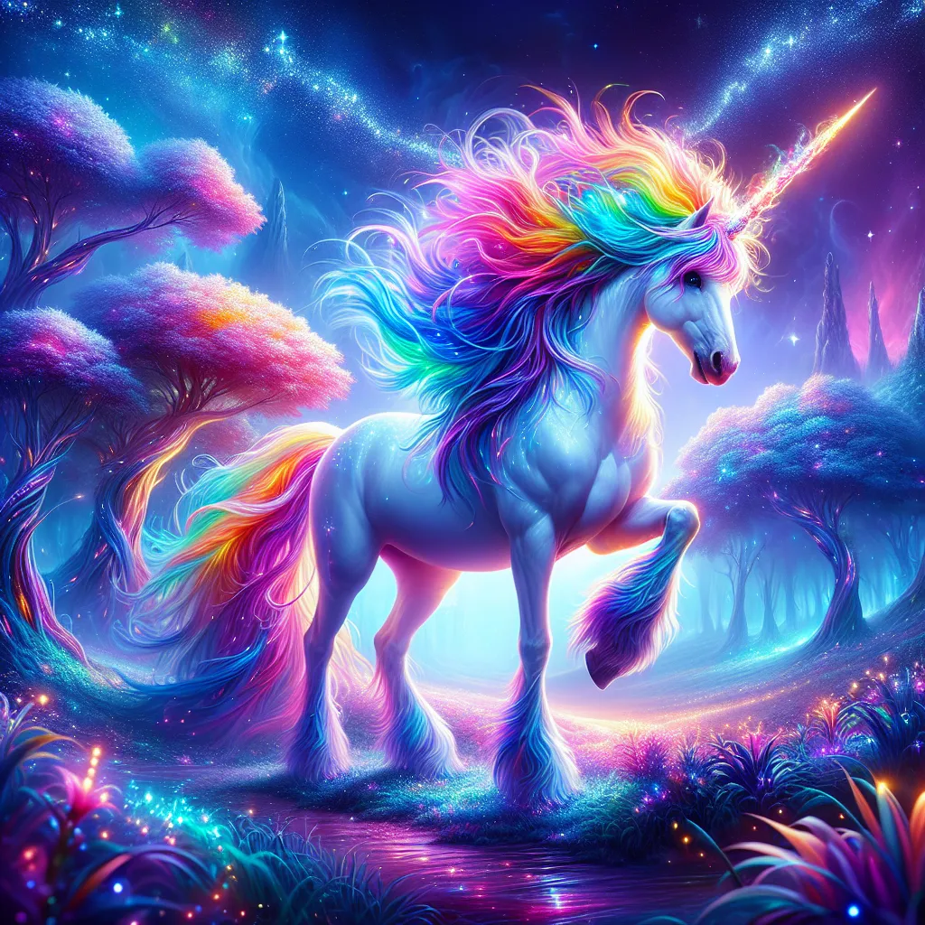 Une licorne colorée dans un cadre magique, rayonnante et inspirante, excellente pour une photo de profil cool