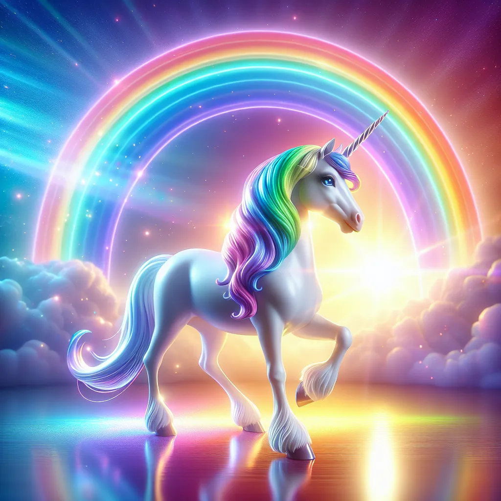 A magical unicorn in front of a glowing rainbow, perfect for a cool profile picture