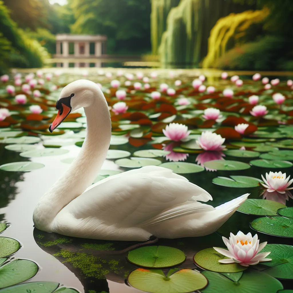 An elegant swan on a lily pond, peaceful and graceful, ideal for a cool profile picture