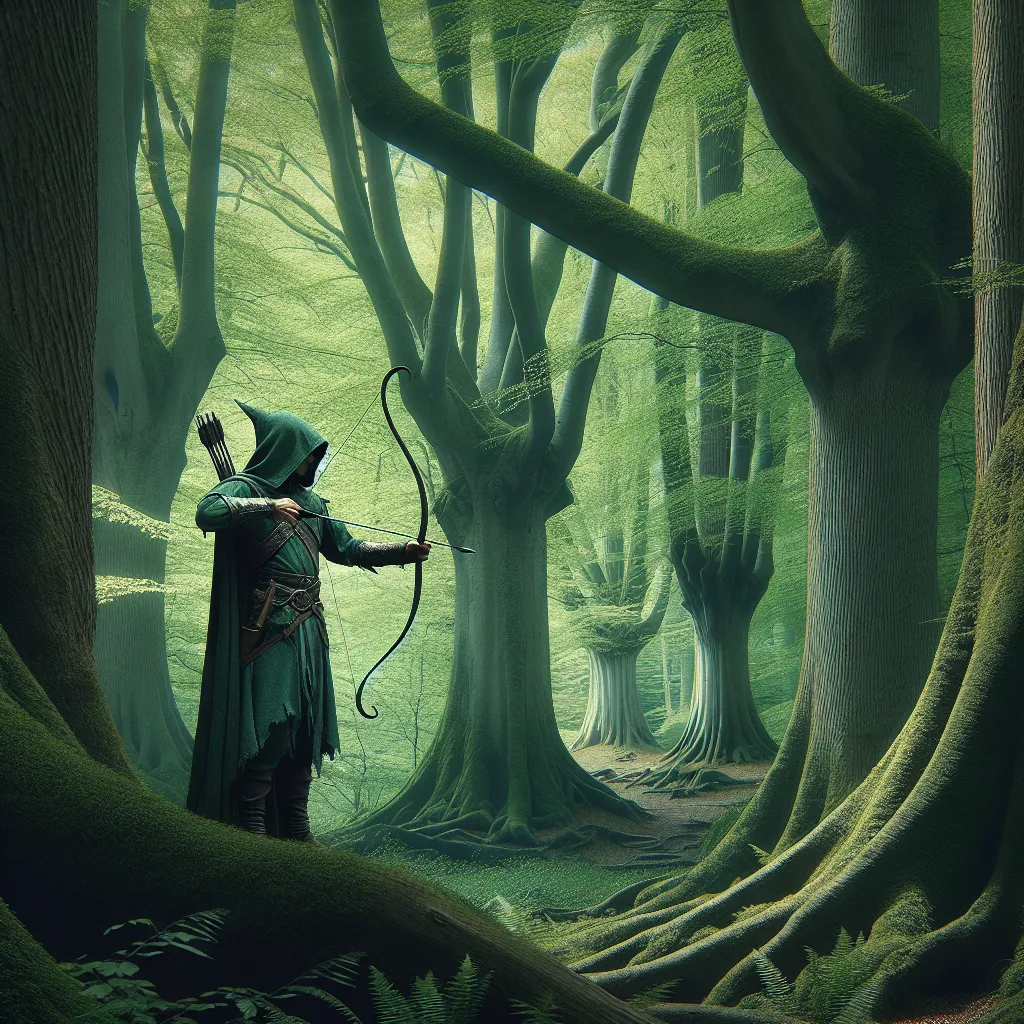 Un elfo misterioso con un arco en el profundo bosque, ideal para una foto de perfil genial