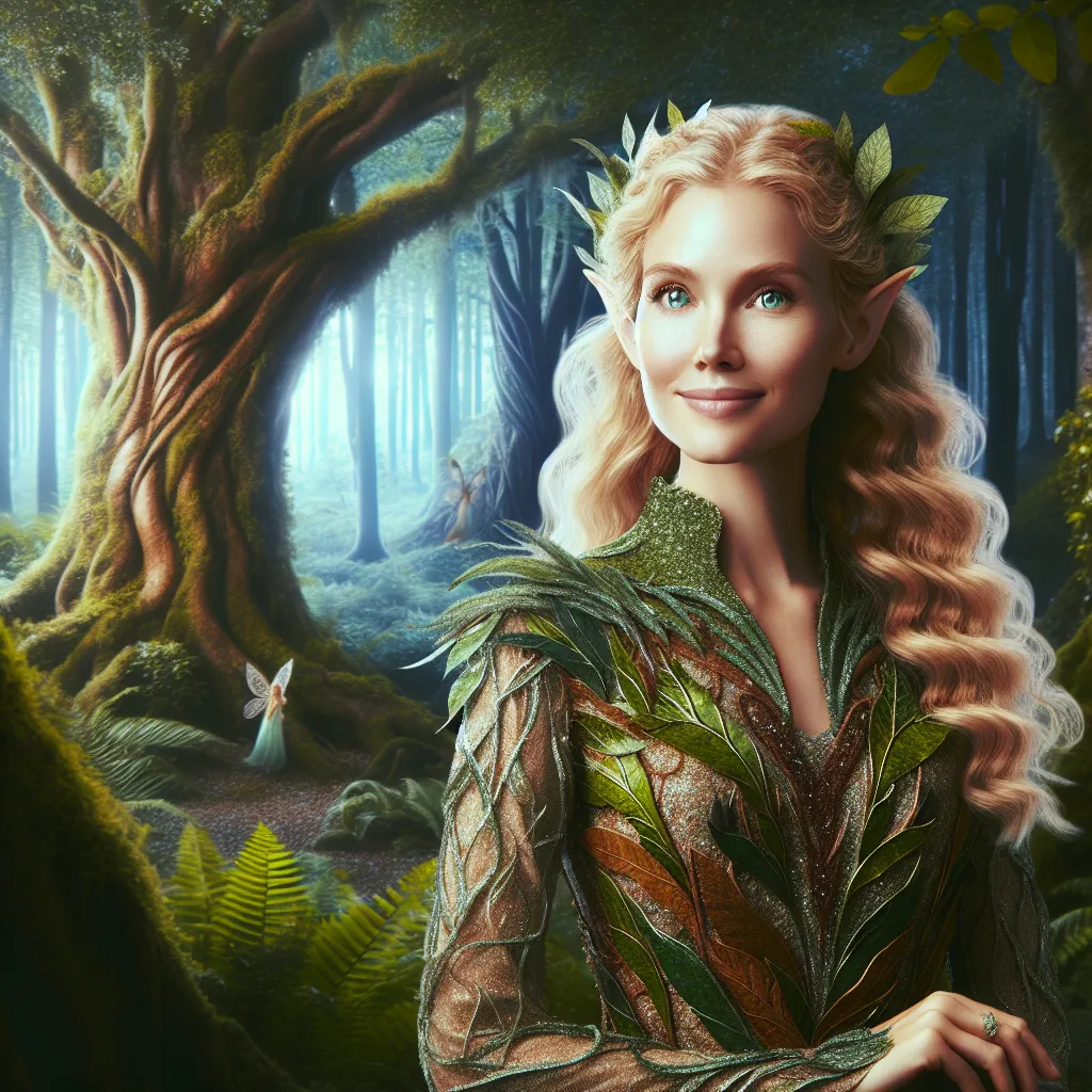 Una elfa elegante de pie en un bosque mágico, perfecta para una foto de perfil genial