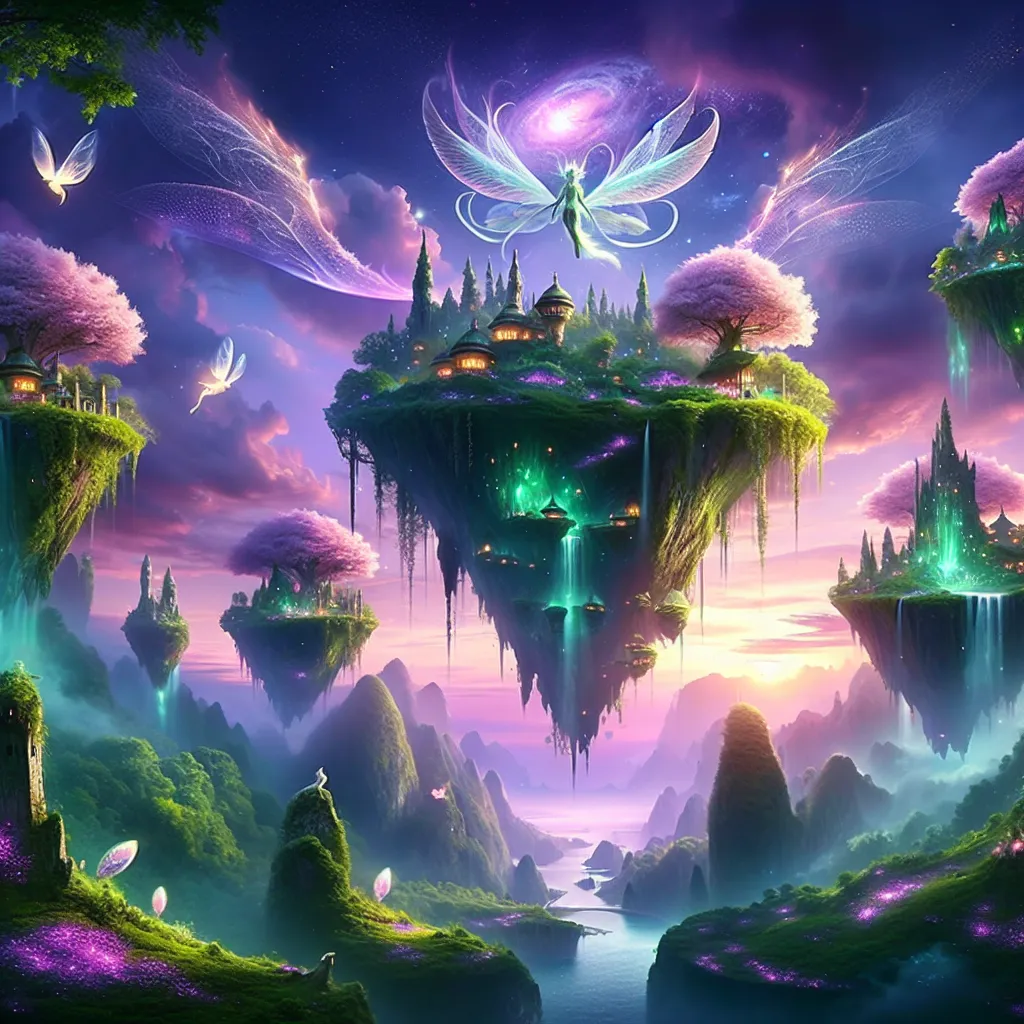 Un mundo de fantasía con islas flotantes y criaturas mágicas, ideal para una foto de perfil genial