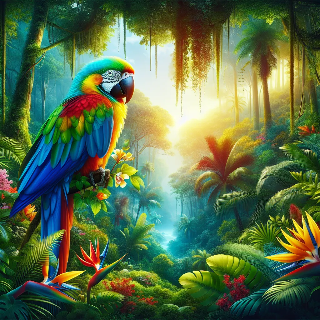 Ein farbenfroher Papagei im Tropenwald, lebendig und exotisch, ideal für ein cooles Profilbild