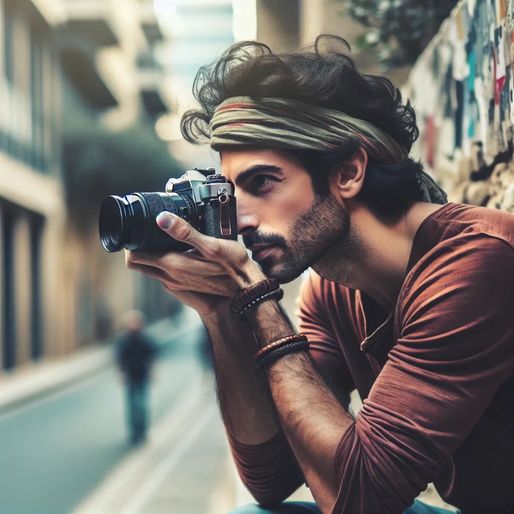 Ein Fotograf, der mit seiner Kamera die Umgebung erforscht, kreativ und aufmerksam, perfekt für ein cooles Profilbild