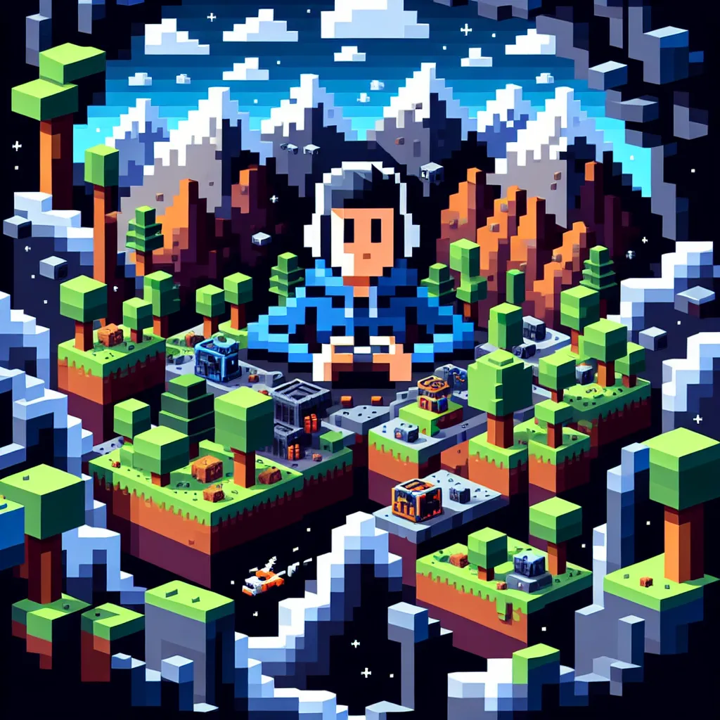 A gamer deeply immersed in a Minecraft adventure, surrounded by pixel landscapes, great for a cool profile picture