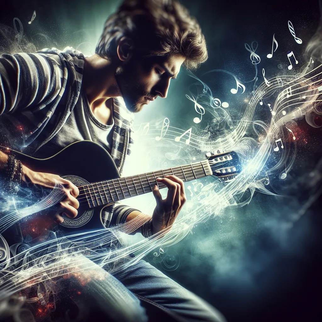 Ein leidenschaftlicher Gitarrenspieler, umgeben von musikalischen Noten, perfekt für ein cooles Profilbild