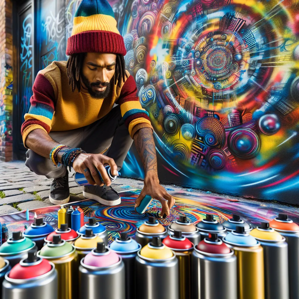 Un artiste de graffiti créatif créant une œuvre colorée sur un mur, idéal pour une photo de profil cool