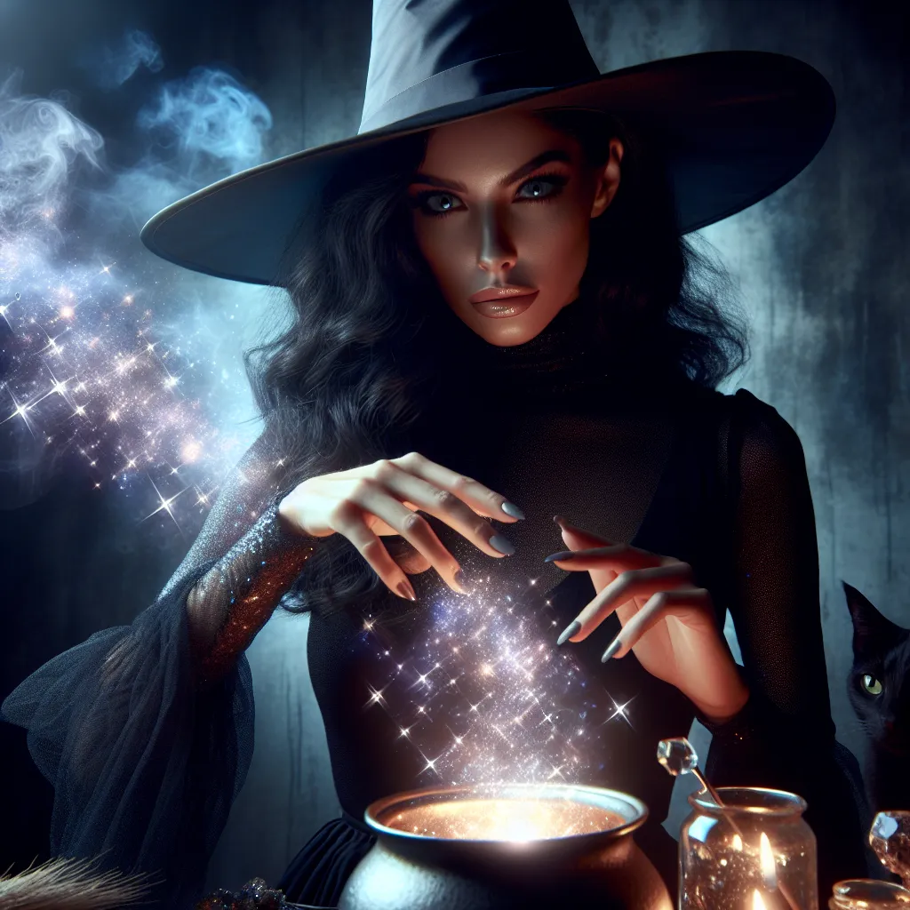 Une puissante sorcière qui prépare une potion magique pétillante, parfaite pour une photo de profil cool
