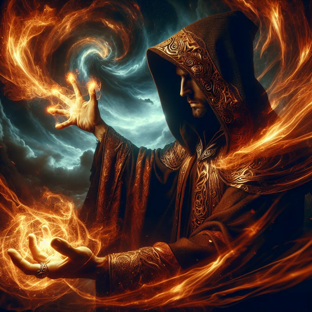 Un poderoso hechicero lanzando un hechizo de fuego, perfecto para una foto de perfil genial