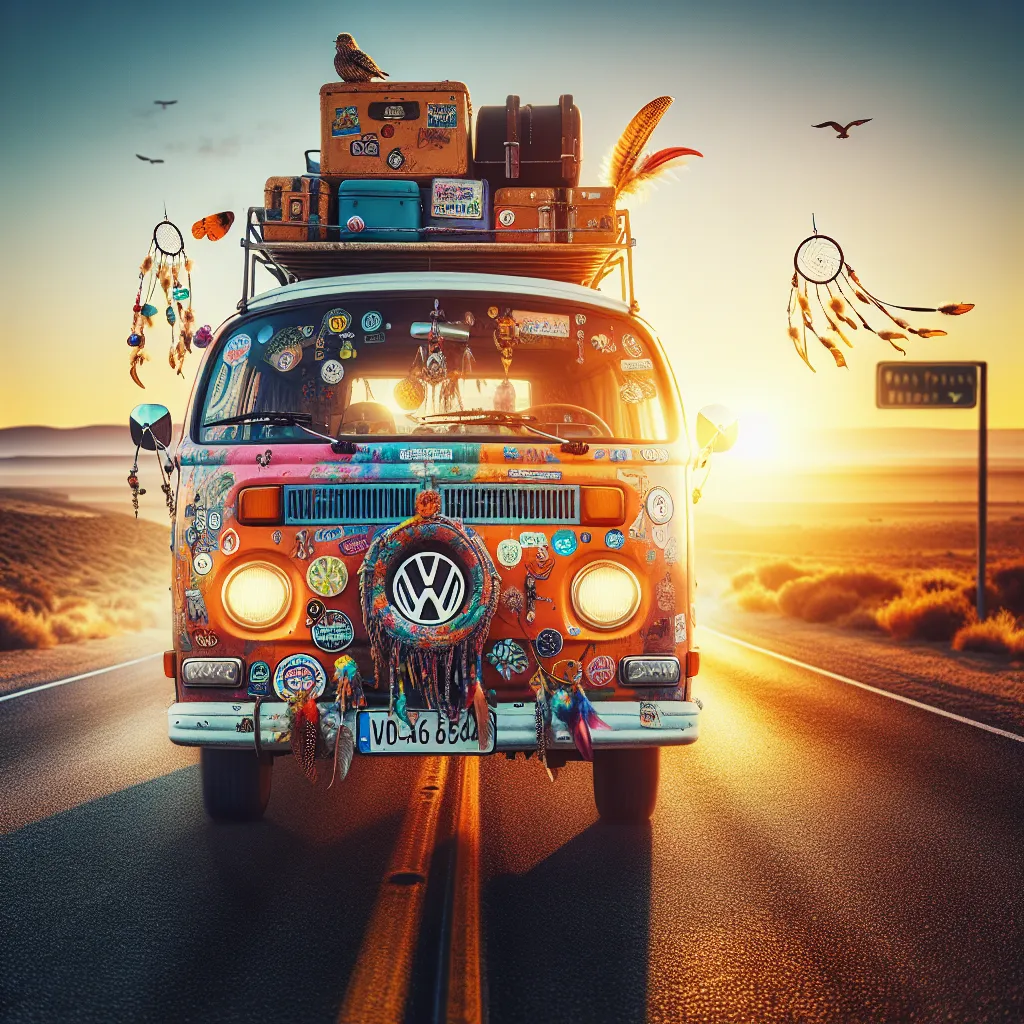 Un van hippie en road trip, aimant la liberté et aventureux, super pour une photo de profil cool
