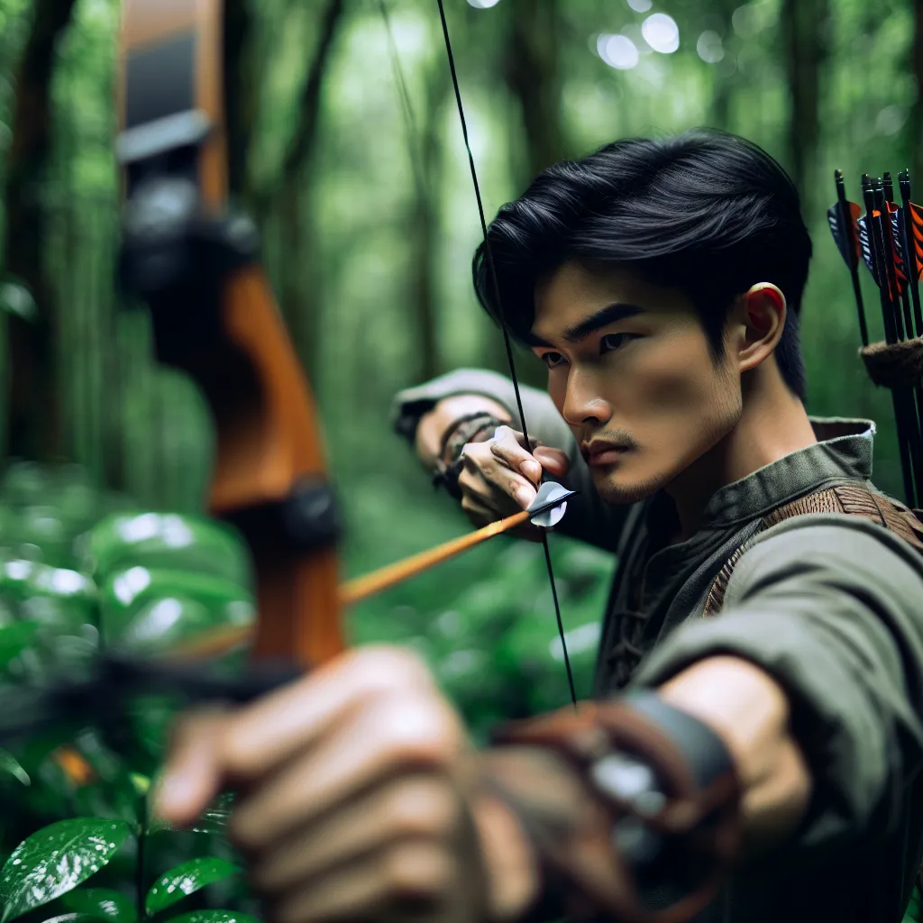 Un cazador concentrado en el bosque apuntando con su arco, perfecto para una foto de perfil genial