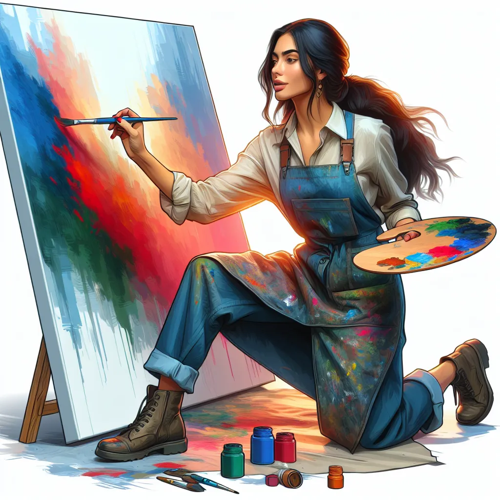 Eine inspirierte Künstlerin, die an einer farbenfrohen Leinwand malt, ideal für ein cooles Profilbild