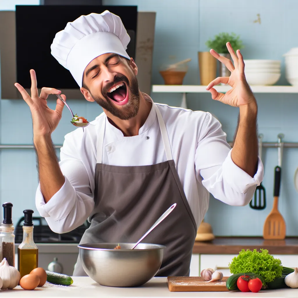 Un chef préparant créativement un plat délicieux dans la cuisine, symbolisant le plaisir et la passion, parfait pour une photo de profil cool