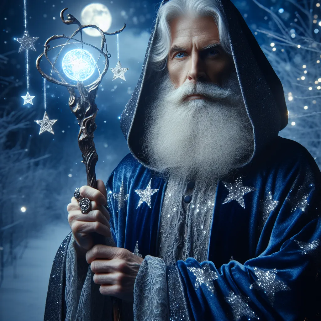 Un mago sabio sosteniendo una varita mágica brillante, ideal para una foto de perfil genial
