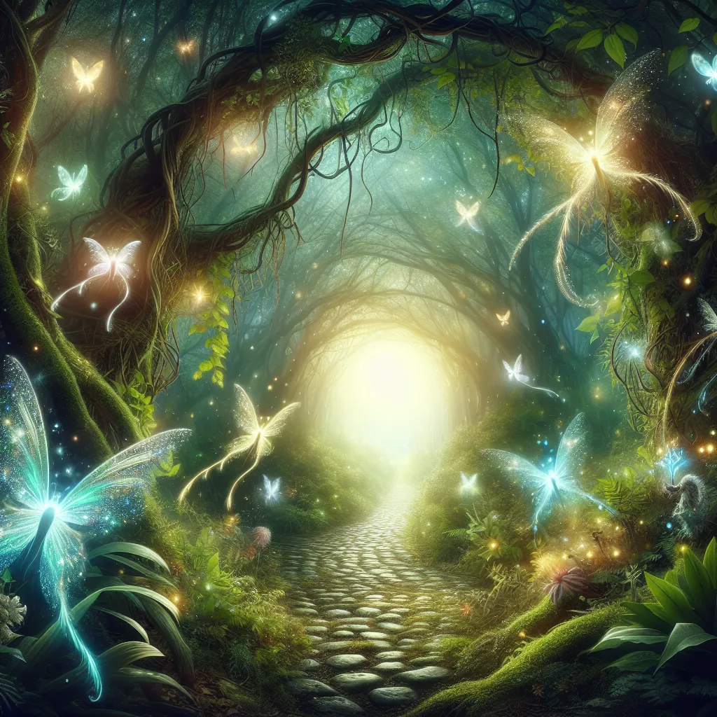 Un bosque místico con luces de hadas y criaturas mágicas, ideal para una foto de perfil genial