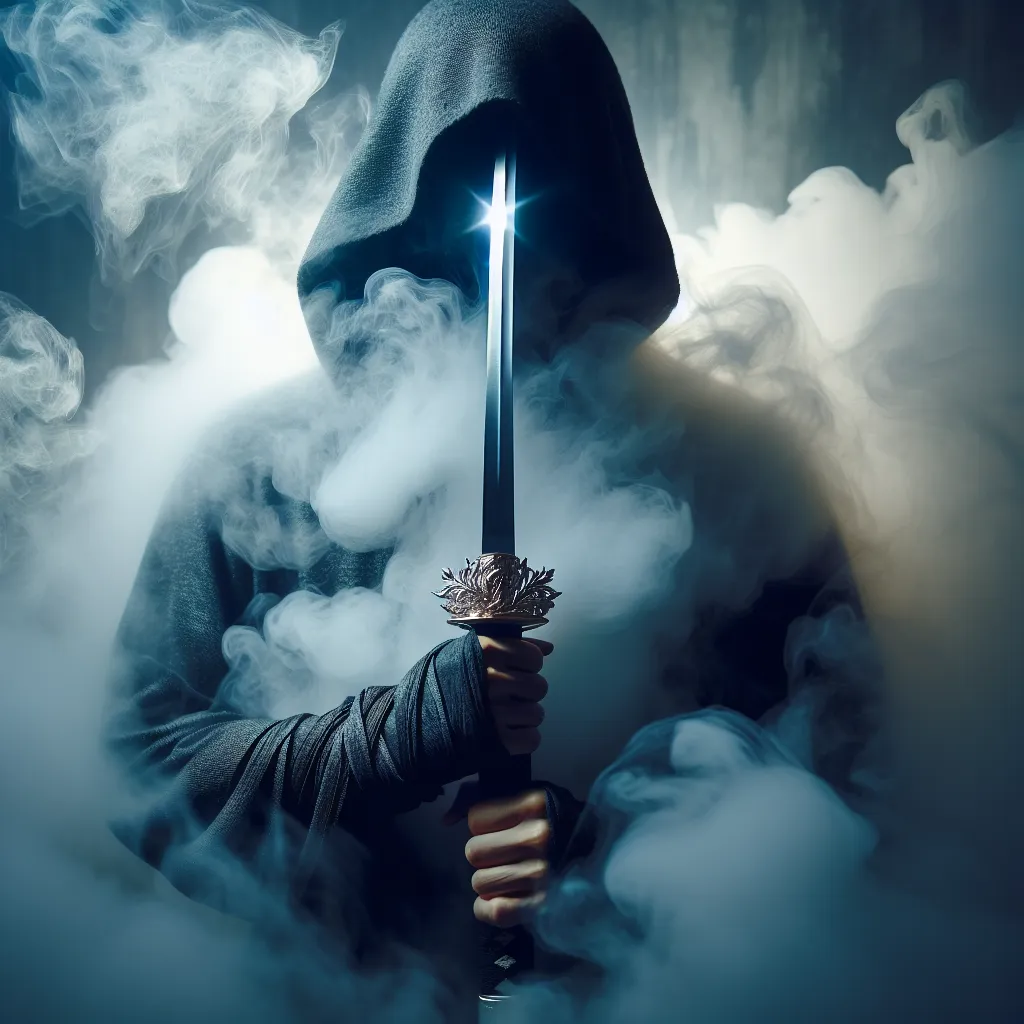 Un ninja oculto con una espada brillante, envuelto en una densa niebla, ideal para una foto de perfil genial