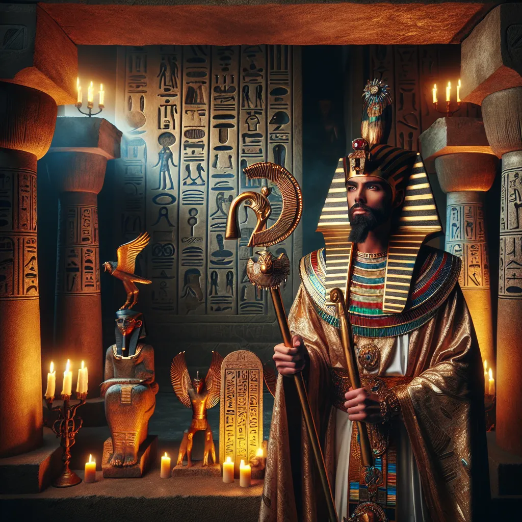 A majestic pharaoh standing in an Egyptian pyramid, perfect for a cool profile picture