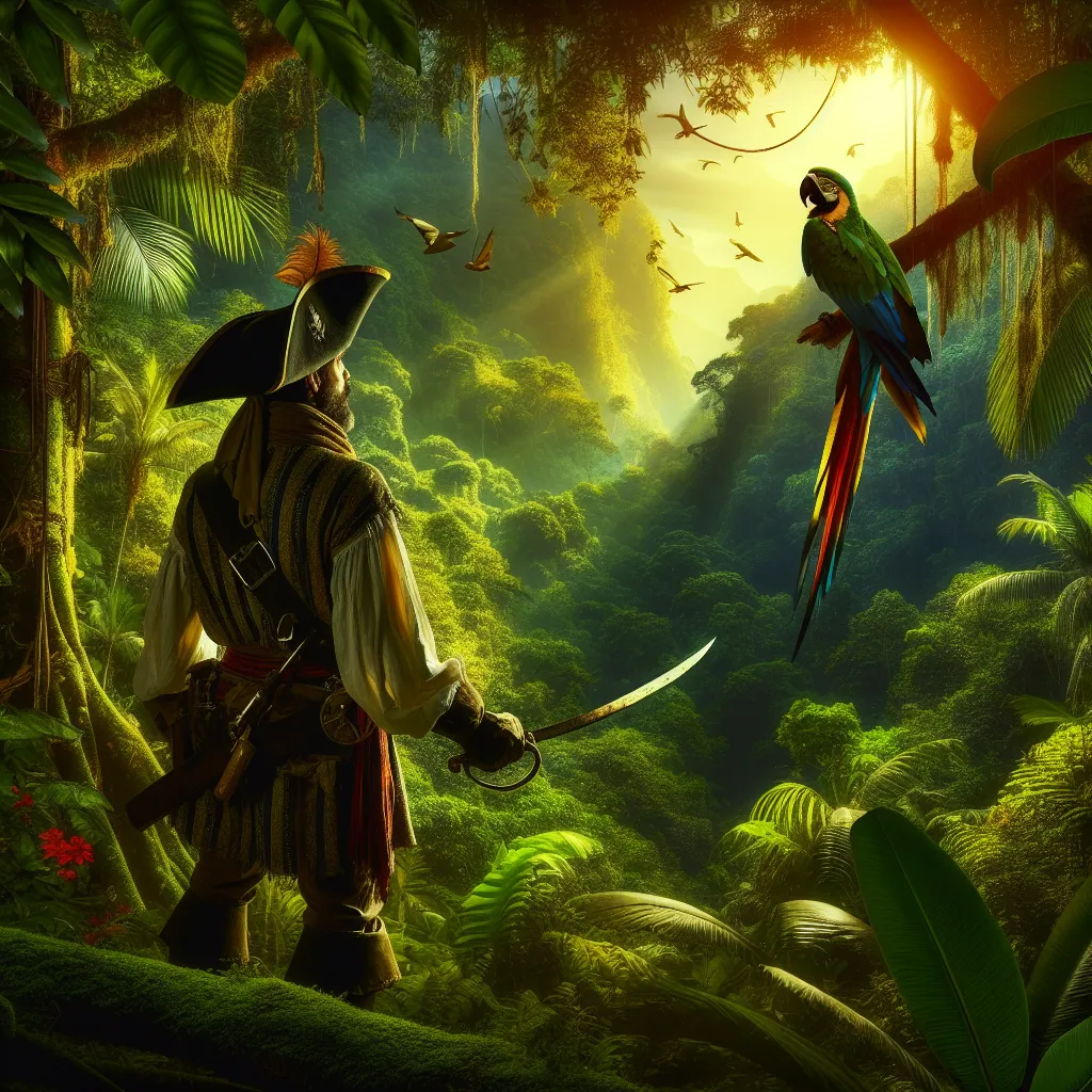 Un pirate aventureux à la recherche de trésors dans une jungle dense, idéal pour une photo de profil cool