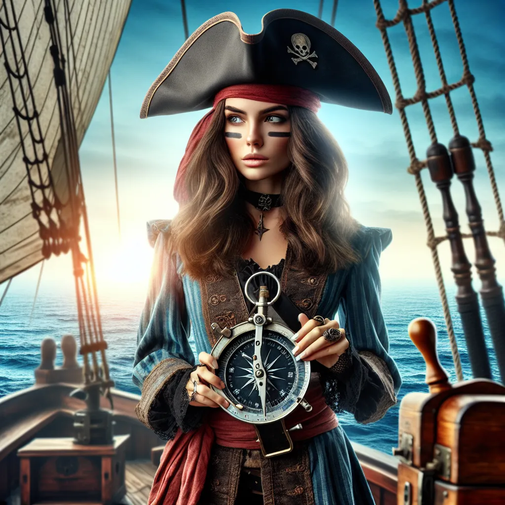 Une pirate intrépide sur son bateau, prête pour la prochaine aventure en mer, idéale pour une photo de profil cool