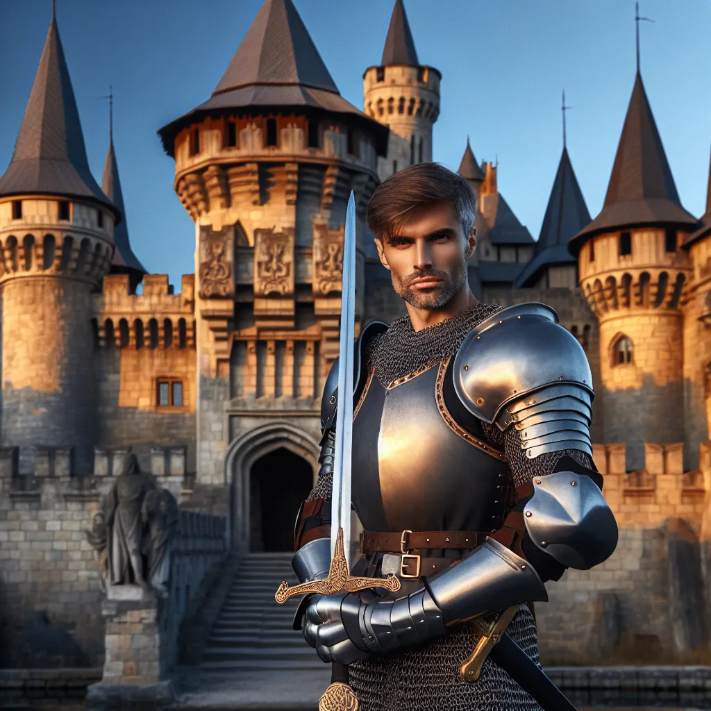 A brave knight standing in front of an imposing medieval castle, perfect for a cool profile picture