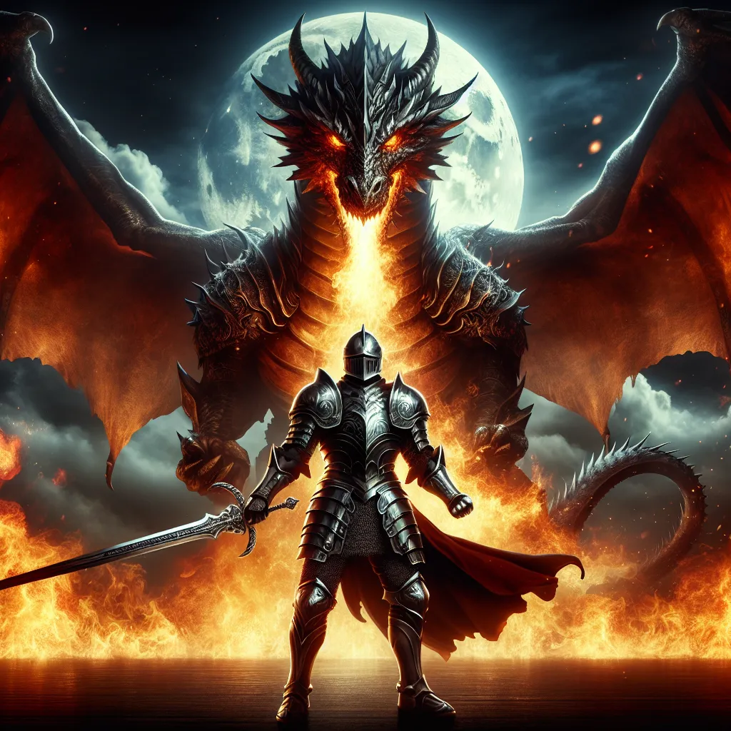Un chevalier audacieux faisant face à un énorme dragon de feu, parfait pour une photo de profil cool