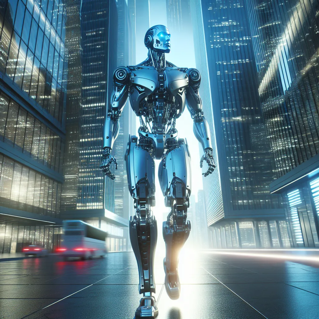 Un robot futuriste se promenant dans une ville de haute technologie, parfait pour une photo de profil cool