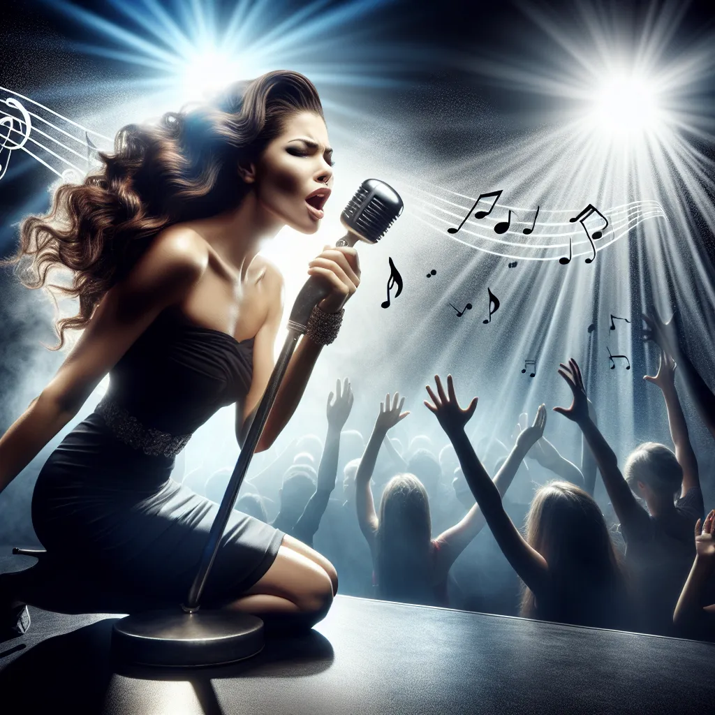 Una cantante apasionada en el escenario, rodeada de música y emoción, ideal para una foto de perfil genial