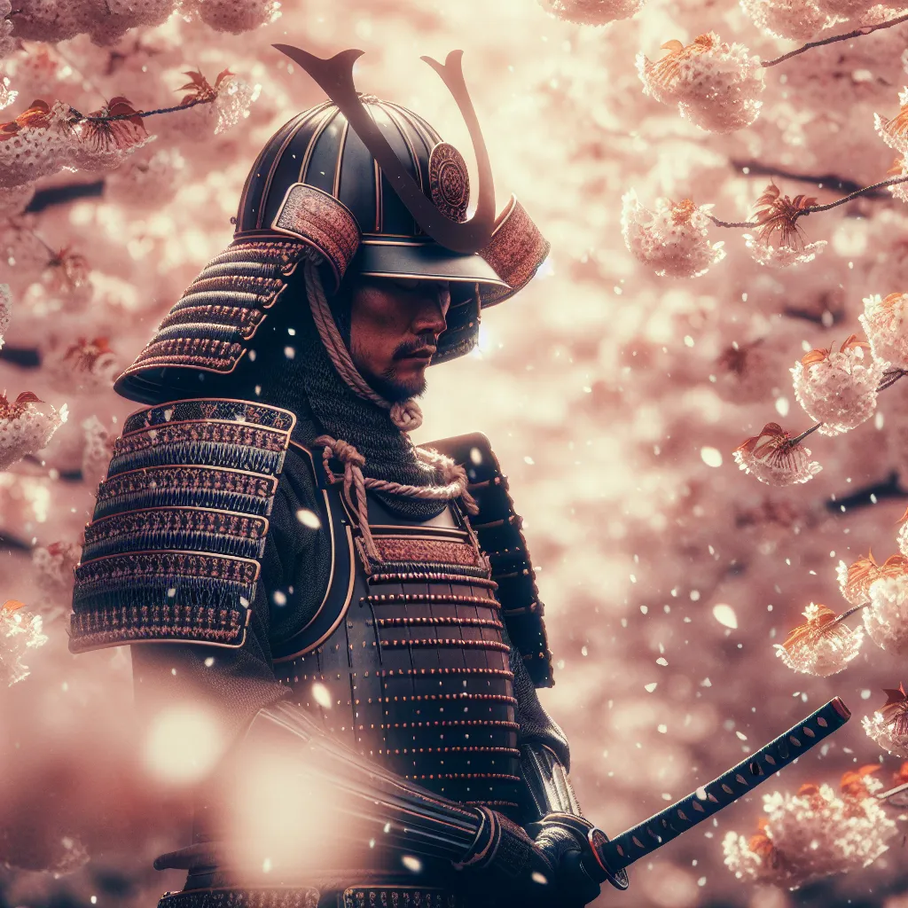 Un samouraï honorable entouré de fleurs de cerisier tombantes, parfait pour une photo de profil cool