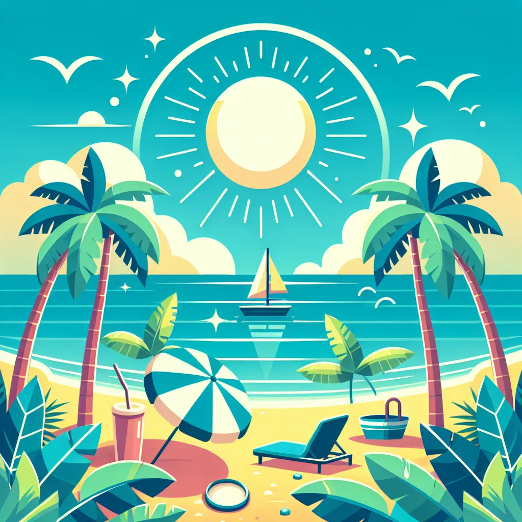 Eine sommerliche Strand-Szene mit Sonnenschein, Palmen und einem entspannenden Ambiente, hervorragend geeignet für ein cooles Profilbild